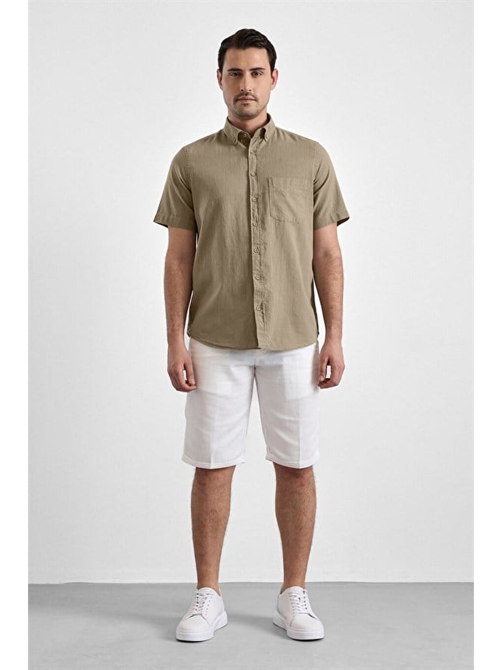 Haki Regular Düğmeli Yaka Düz Casual Gömlek-4
