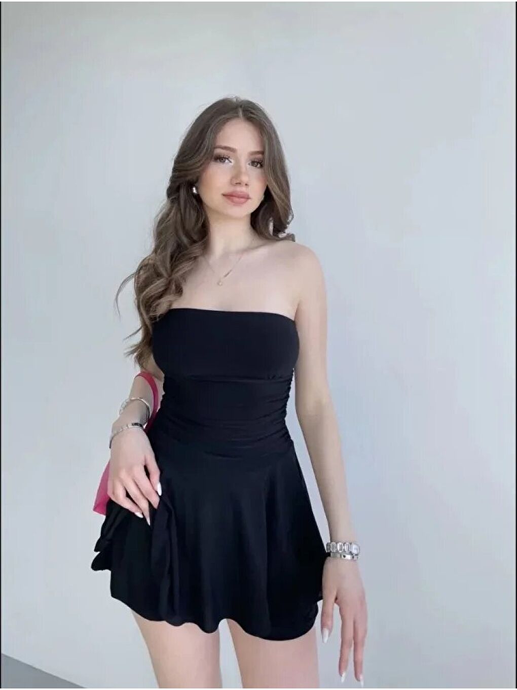 Straplez Mini Etek Görünümlü Şortlu Elbise Büzgülü Yazlık - Siyah-1