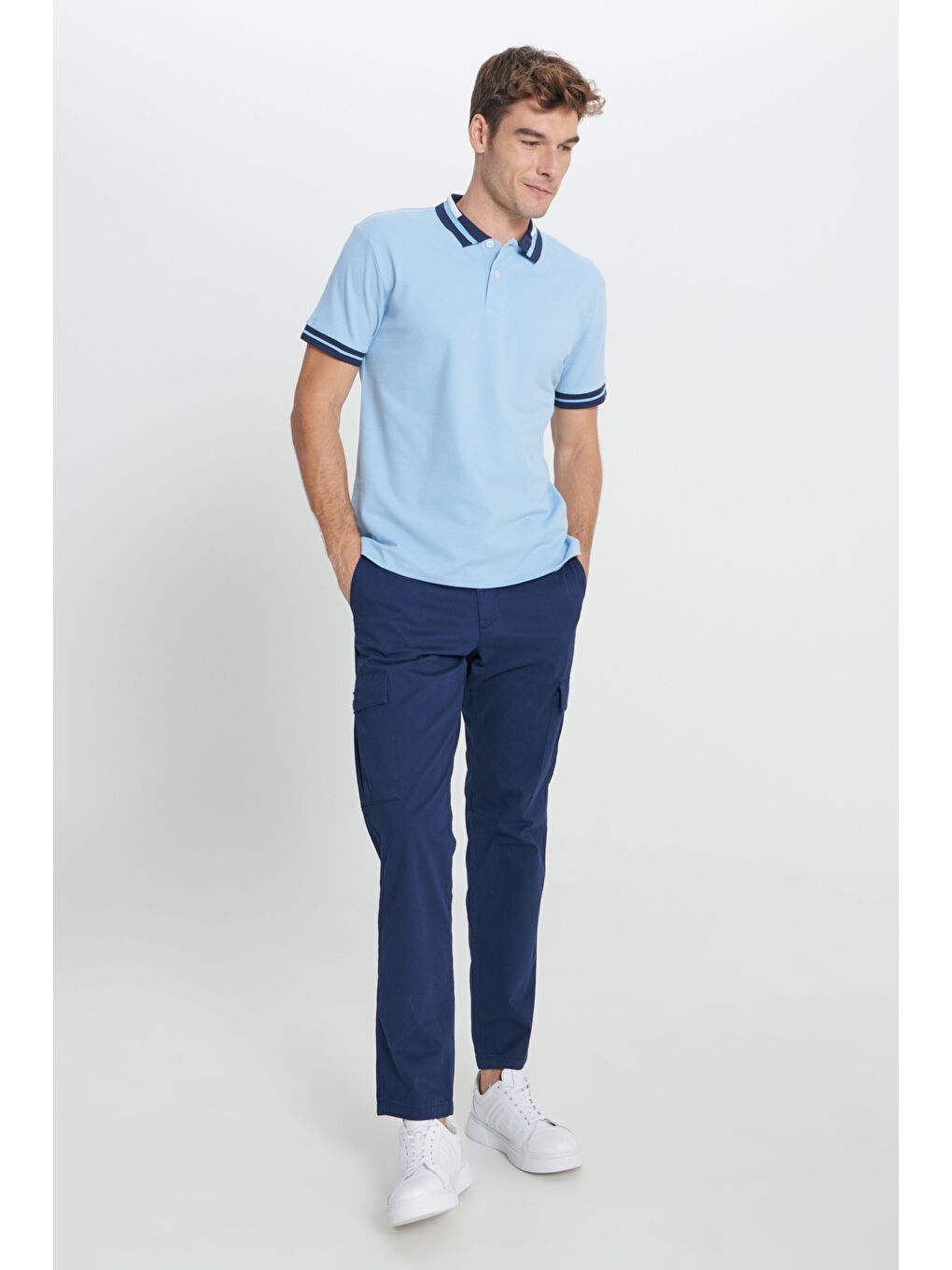 Erkek Açık Mavi Slim Fit Dar Kesim %100 Pamuk Polo Yaka Tişört-2