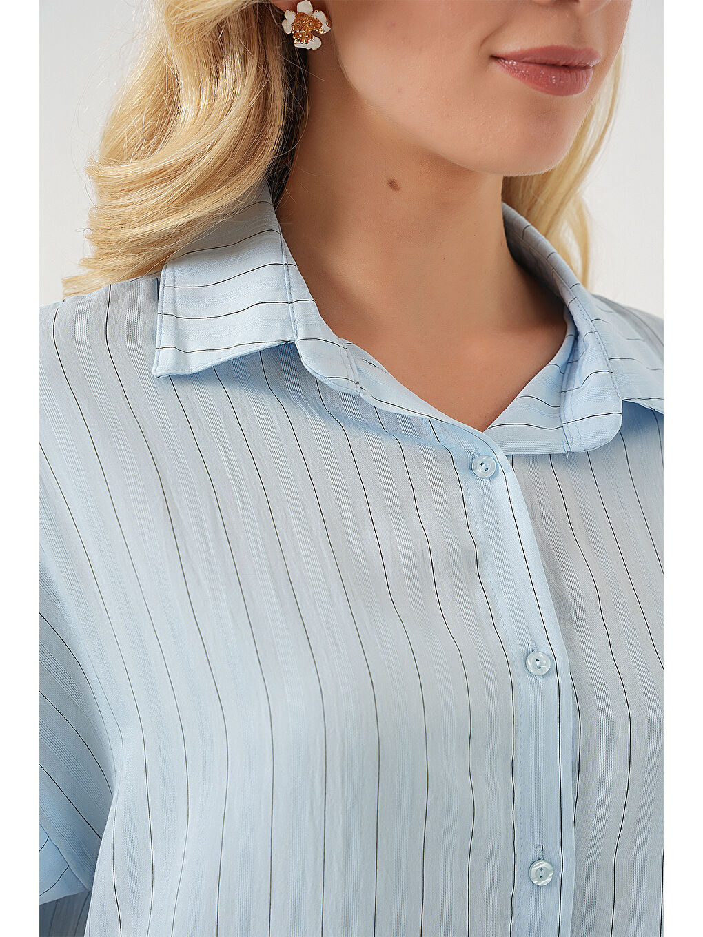 Kadın Çizgili Kısa Kol Gömlek 20327 - Mavi-4