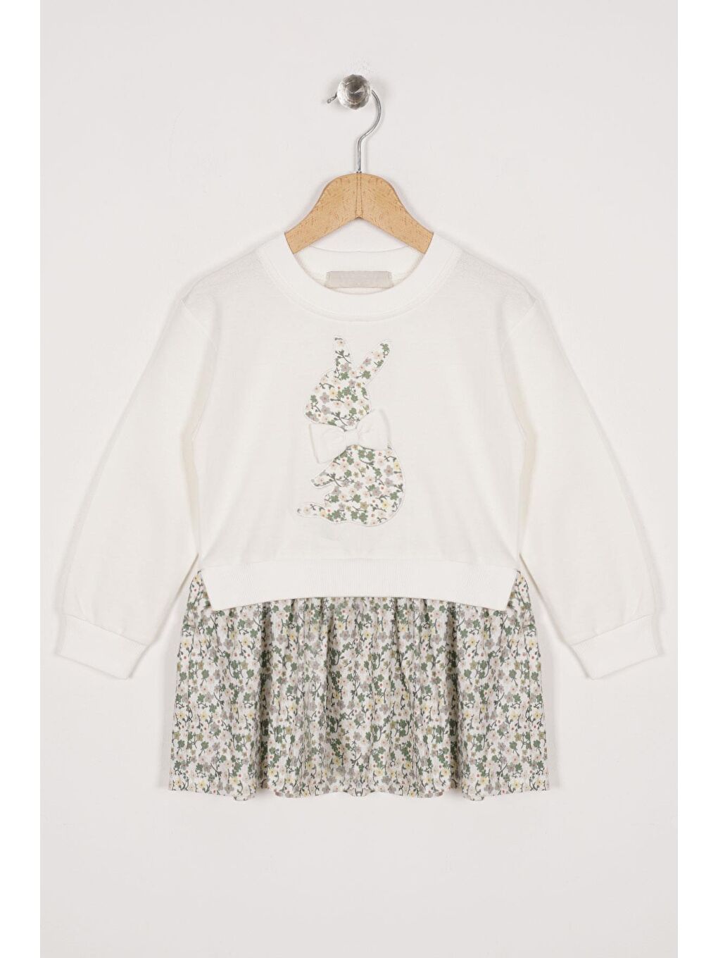 Bisiklet Yaka Uzun Kol Tavsan Baskılı Ekru Renk Kız Çocuk Etekli Takım