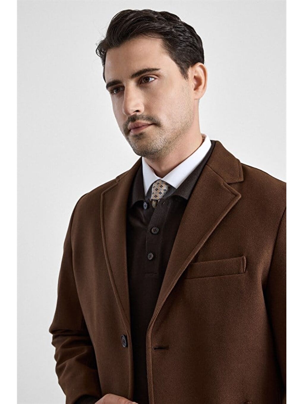 Kahverengi Koyu Kahve Slim Mono Yaka Düz Yan Cepli Düğmeli Dolgusuz Rüzgar Geçirmez Kaban-2