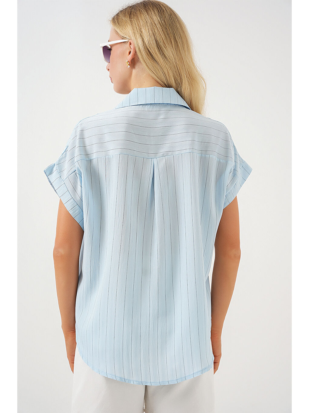 Kadın Çizgili Kısa Kol Gömlek 20327 - Mavi-5