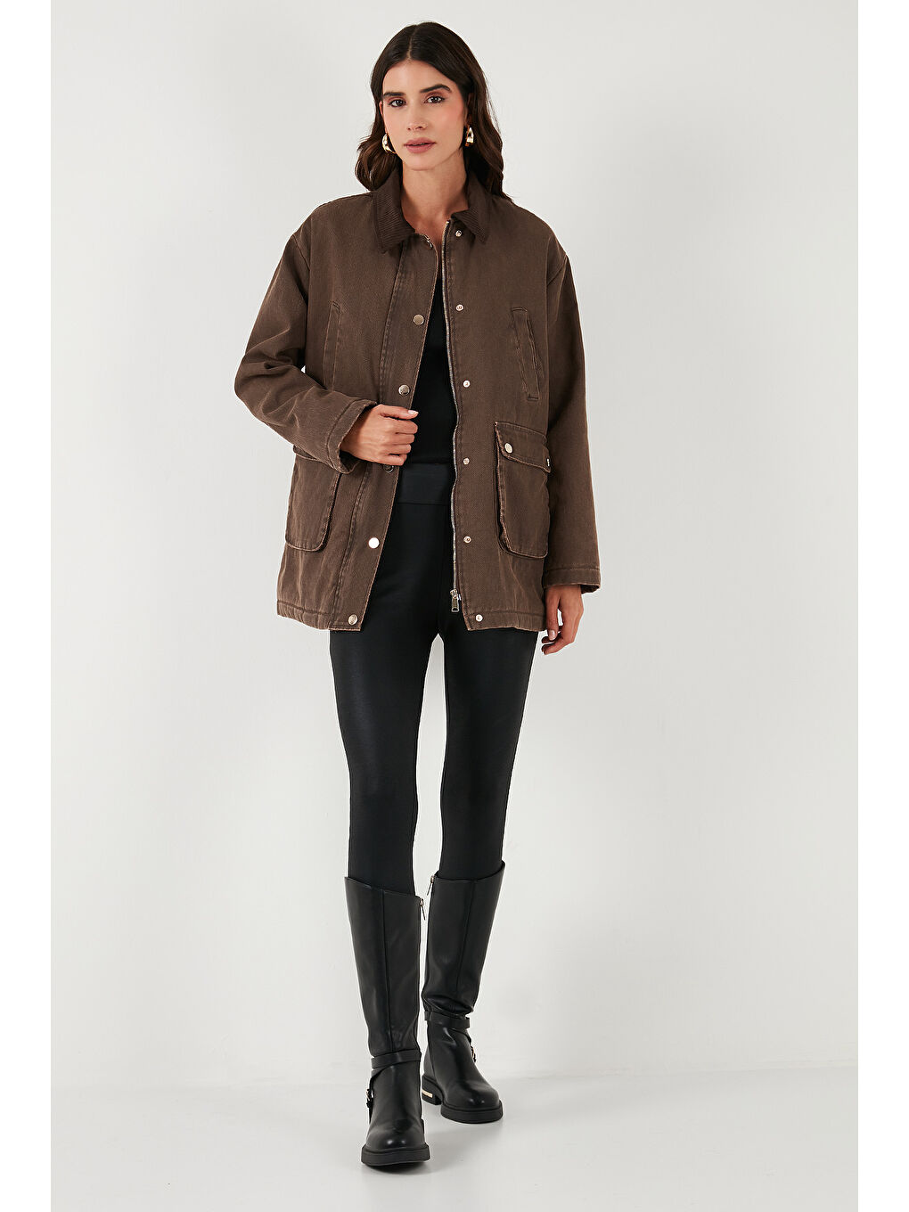 Kahverengi Regular Fit Ceket Yaka Kadife Ekose Astarlı Ceket Mont 6810330