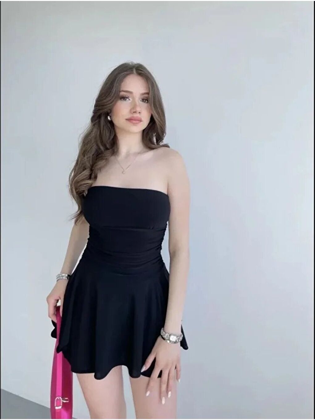 Straplez Mini Etek Görünümlü Şortlu Elbise Büzgülü Yazlık - Siyah-2