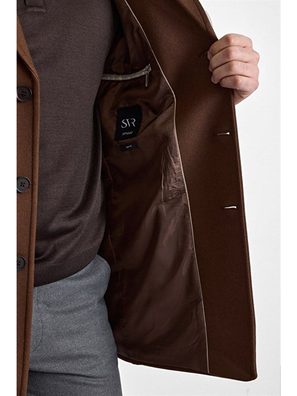 Kahverengi Koyu Kahve Slim Mono Yaka Düz Yan Cepli Düğmeli Dolgusuz Rüzgar Geçirmez Kaban-3
