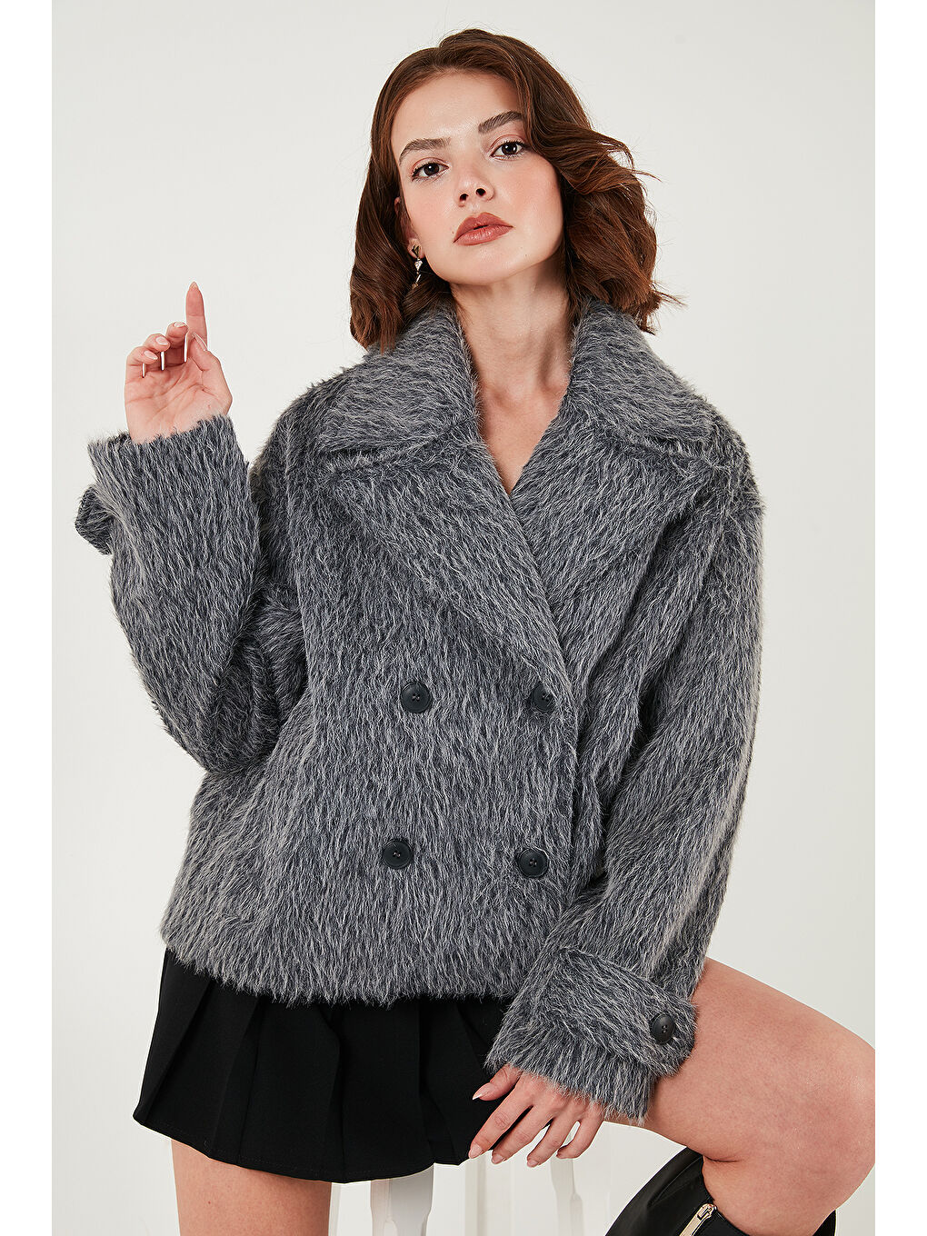 Antrasit Oversize Kruvaze Yaka Yumuşak Tüylü Düğmeli Astarlı Mont 6839659