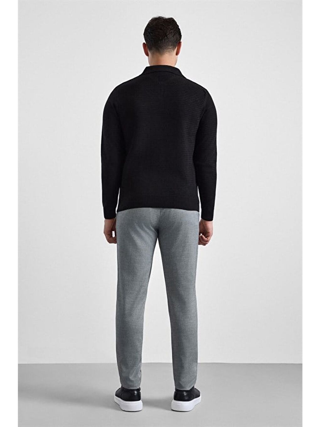 Siyah Regular Düğmeli Polo Yaka Kazak-2