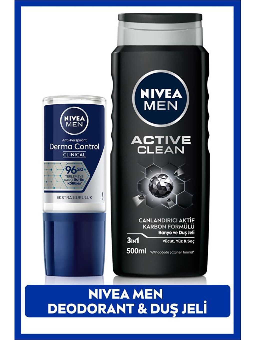 NIVEA MEN Erkek Roll-on Deodorant Derma Control Clinical 50ml ve MEN Active Clean Erkek Duş Jeli 500ml