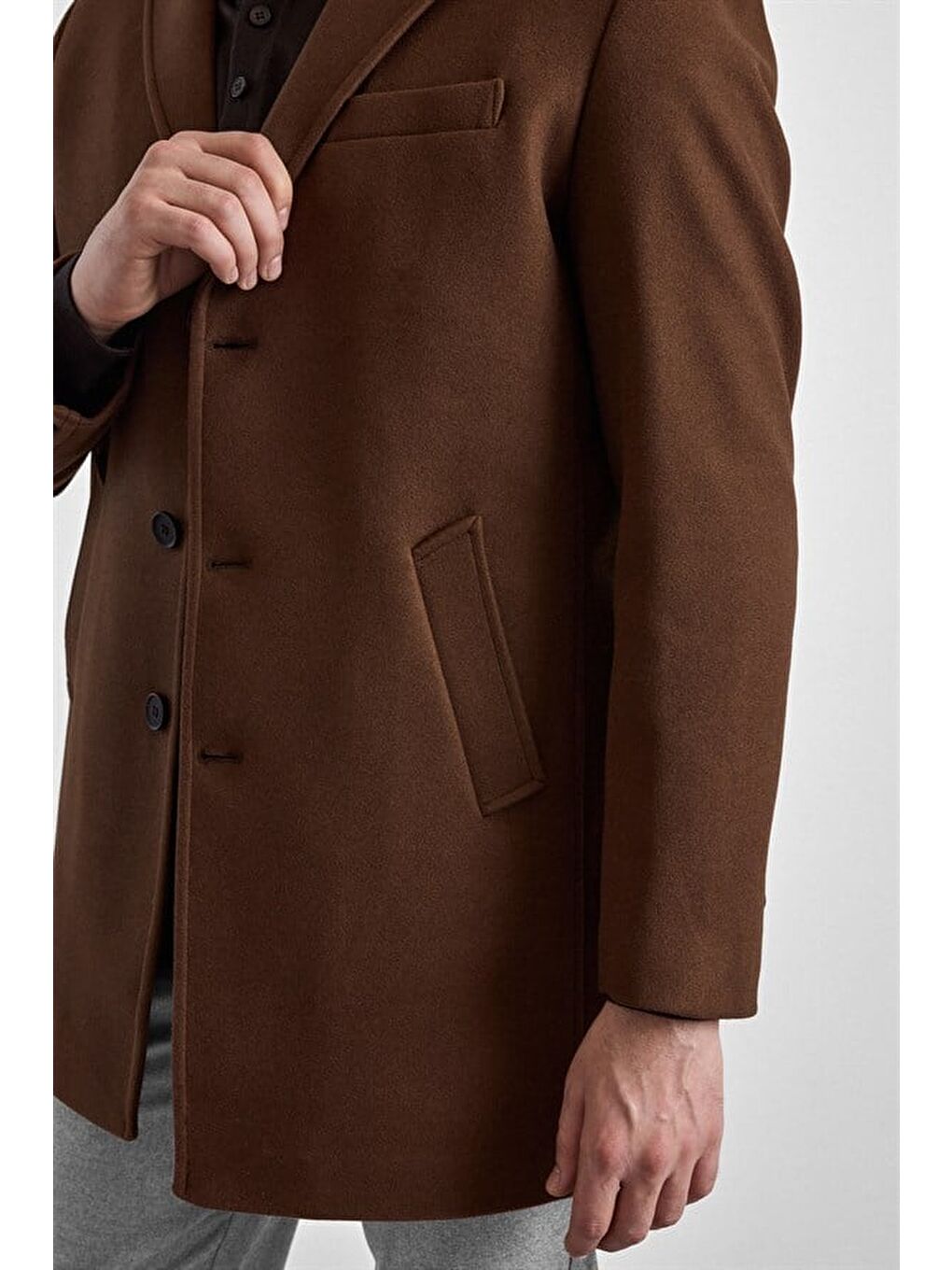 Kahverengi Koyu Kahve Slim Mono Yaka Düz Yan Cepli Düğmeli Dolgusuz Rüzgar Geçirmez Kaban-4