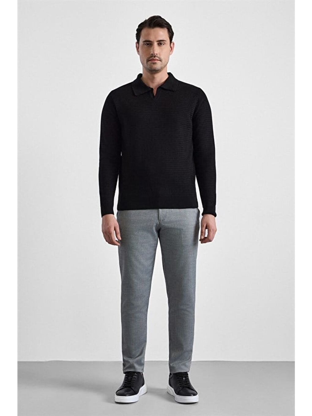 Siyah Regular Düğmeli Polo Yaka Kazak-3