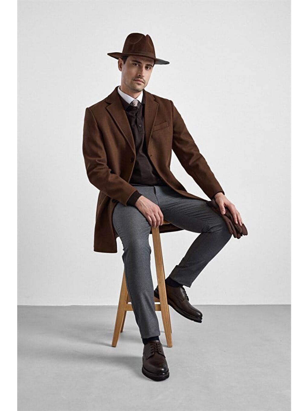 Kahverengi Koyu Kahve Slim Mono Yaka Düz Yan Cepli Düğmeli Dolgusuz Rüzgar Geçirmez Kaban-5