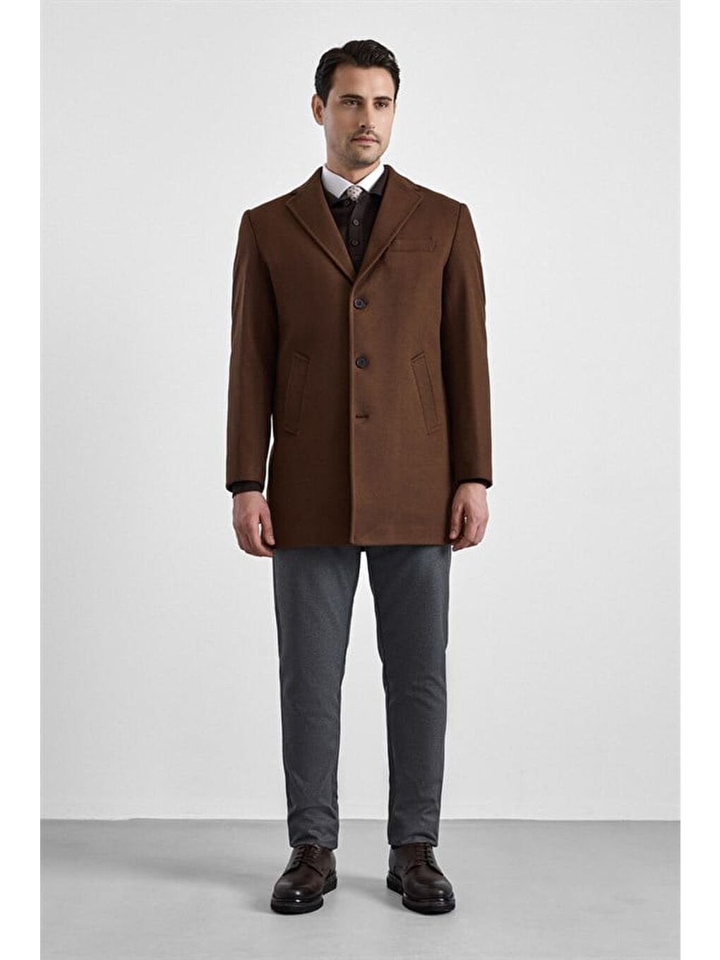 Kahverengi Koyu Kahve Slim Mono Yaka Düz Yan Cepli Düğmeli Dolgusuz Rüzgar Geçirmez Kaban-6