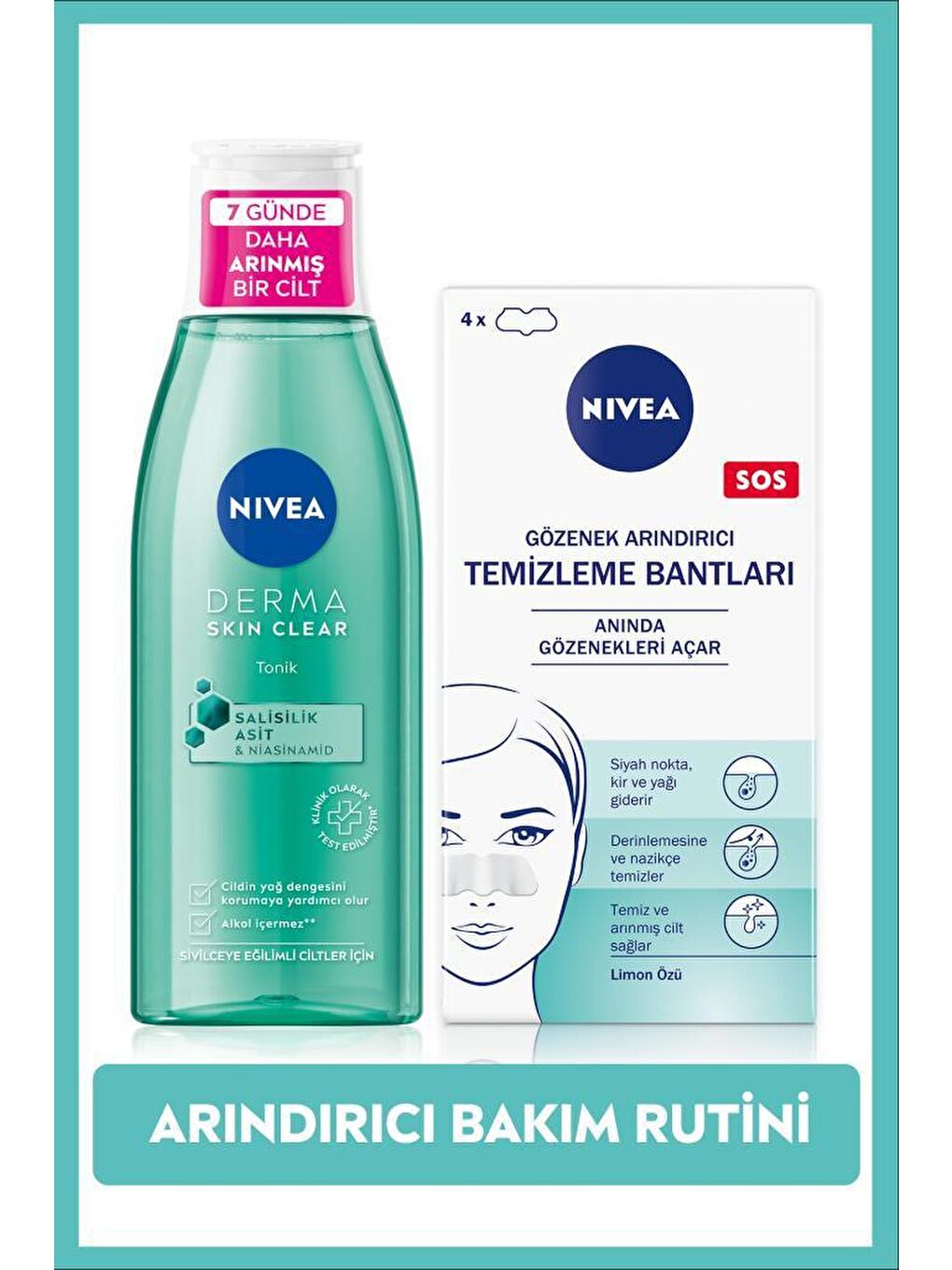 NIVEA Şeffaf Derma Skin Clear Sivilce Karşıtı Arındırıcı Tonik 200ml ve T-Bölgesi & Siyah Nokta Temizleyici Bant