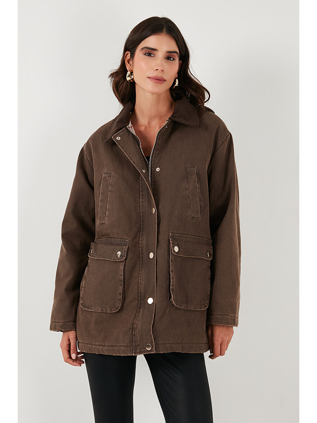 Kahverengi Regular Fit Ceket Yaka Kadife Ekose Astarlı Ceket Mont 6810330-1