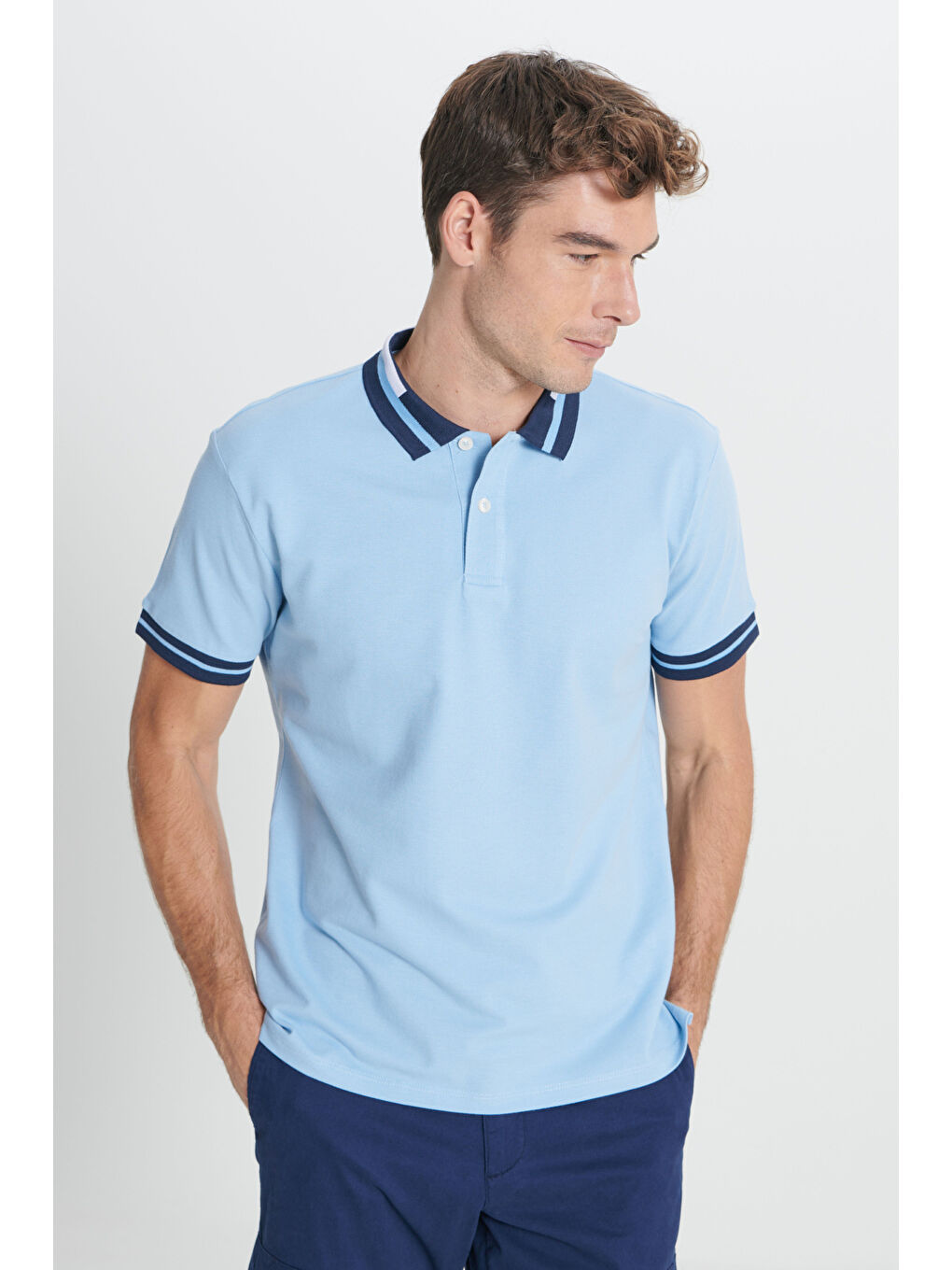 Erkek Açık Mavi Slim Fit Dar Kesim %100 Pamuk Polo Yaka Tişört-4