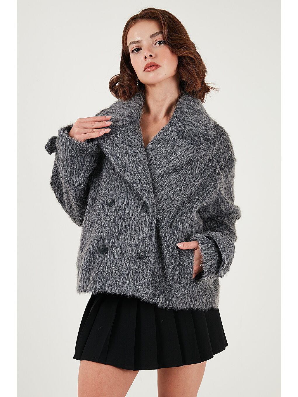 Antrasit Oversize Kruvaze Yaka Yumuşak Tüylü Düğmeli Astarlı Mont 6839659-3