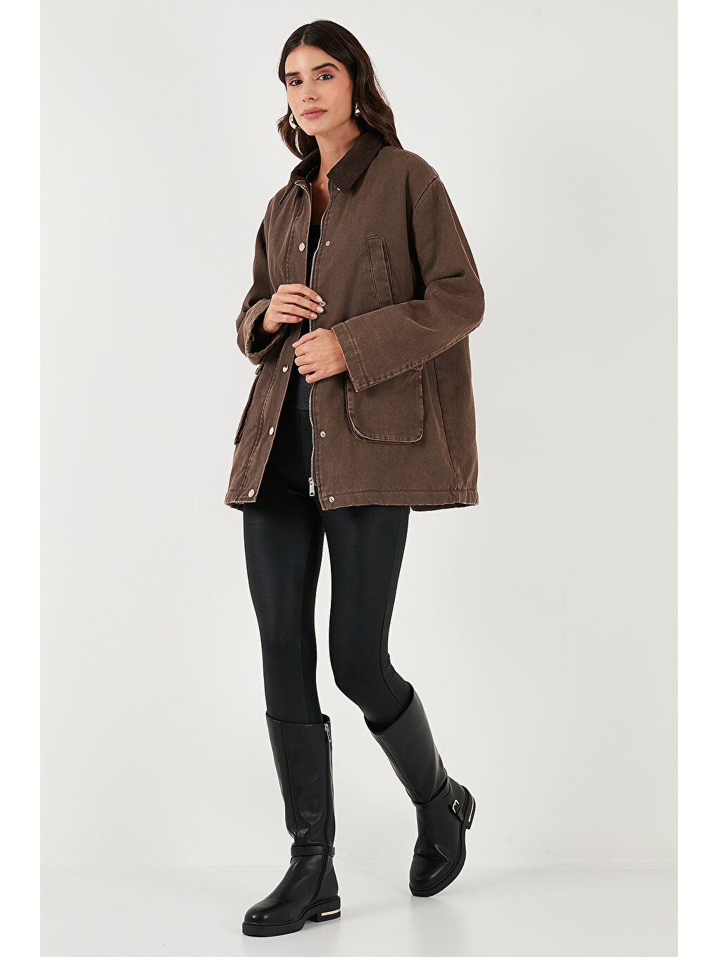 Kahverengi Regular Fit Ceket Yaka Kadife Ekose Astarlı Ceket Mont 6810330-2