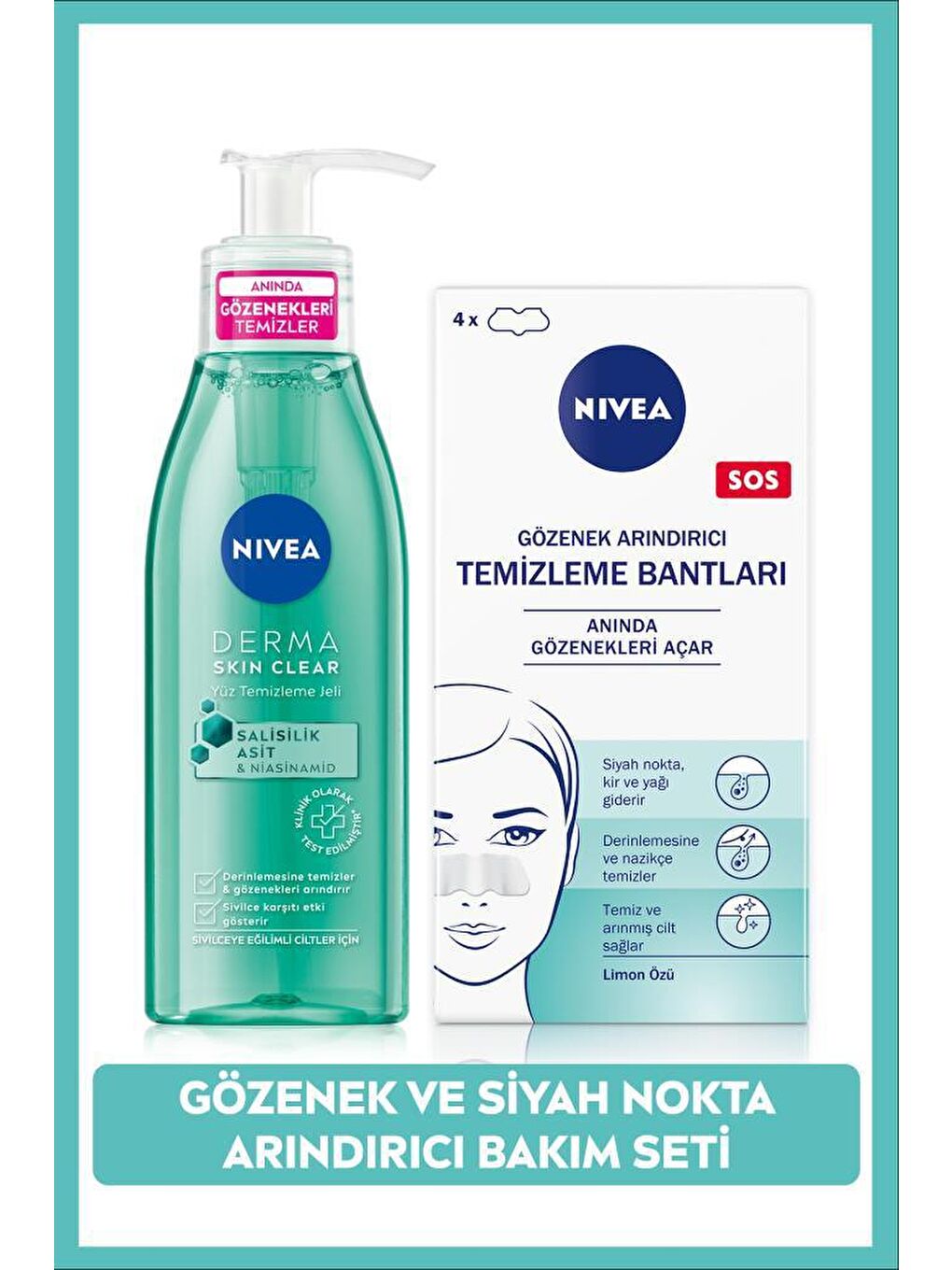 NIVEA Şeffaf Siyah Nokta Temizleyici T-Bant, Dörtlü ve Derma Skin Clear Sivilce Karşıtı Yüz Temizleme Jeli 150ml