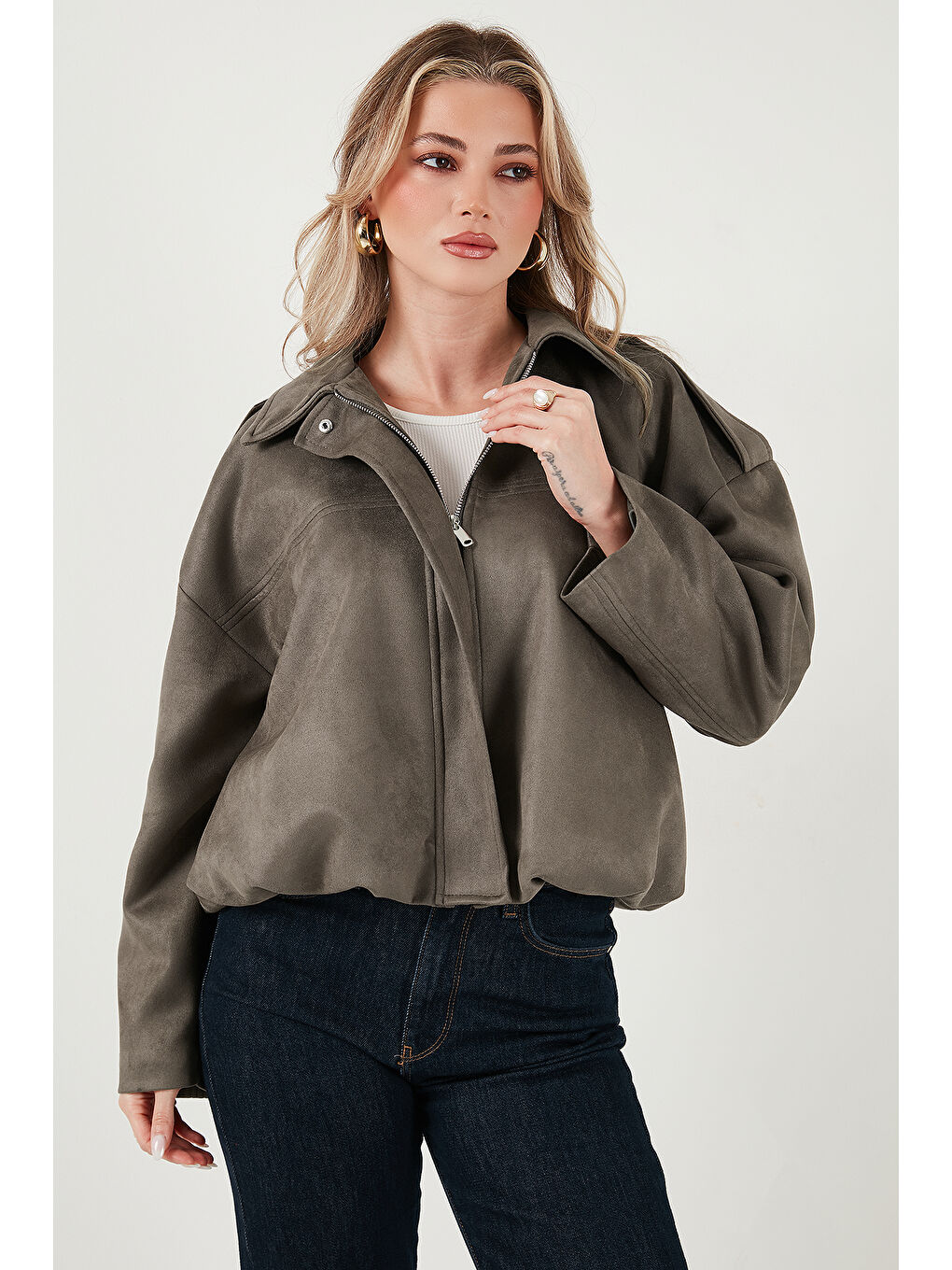 Haki Oversize Fit Klasik Yaka Süet Dokulu Bomber Ceket Mont 6524932