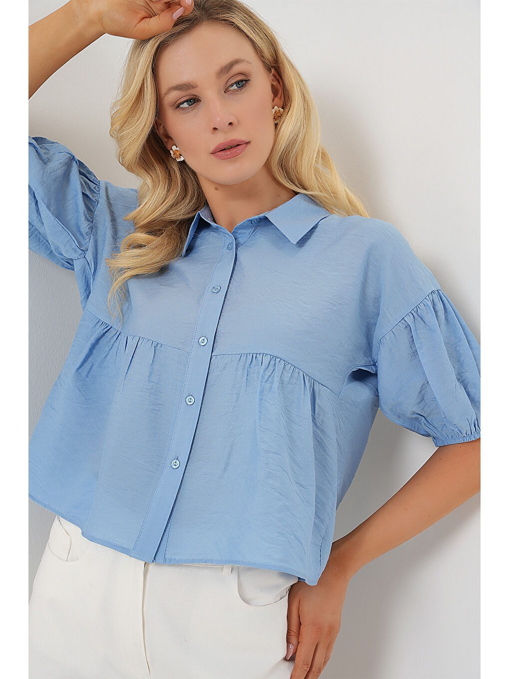 Kadın Kısa Kol Crop Gömlek 20335 - Mavi-2