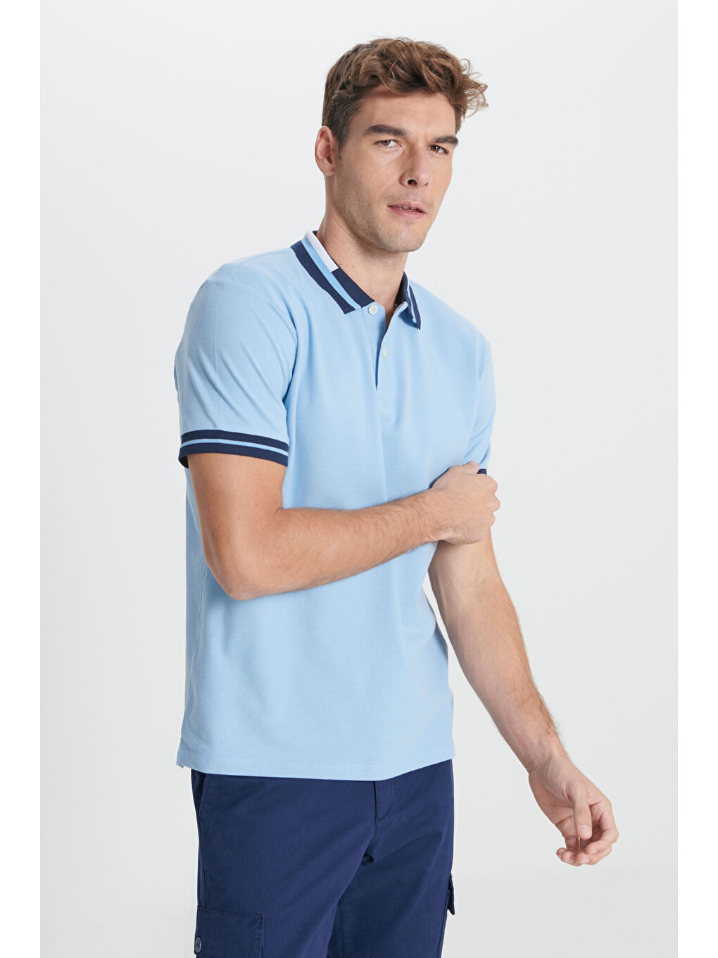 Erkek Açık Mavi Slim Fit Dar Kesim %100 Pamuk Polo Yaka Tişört-5