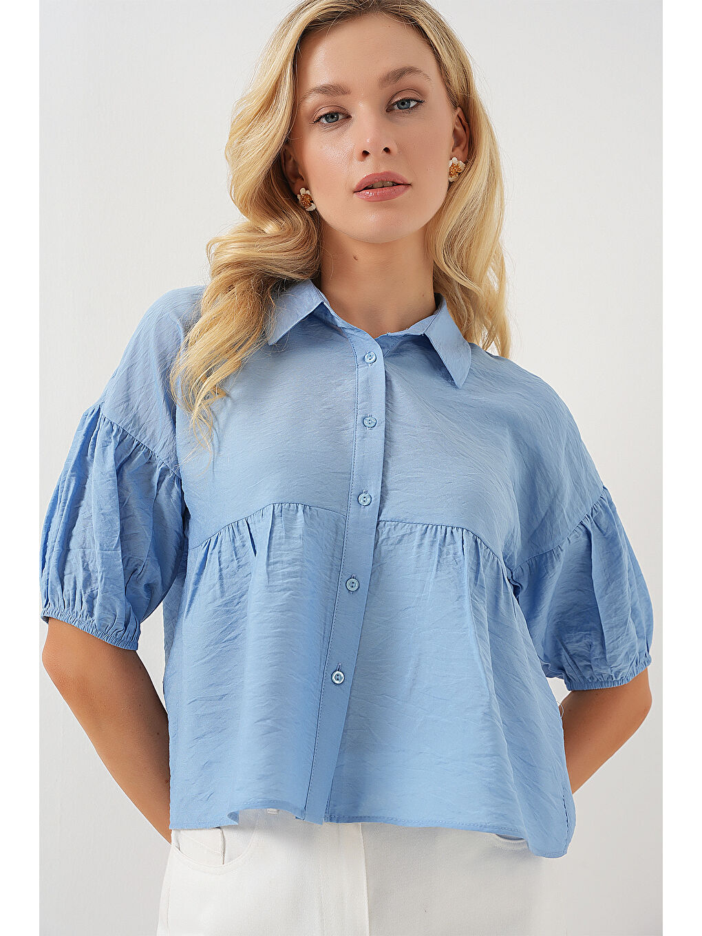 Kadın Kısa Kol Crop Gömlek 20335 - Mavi-3