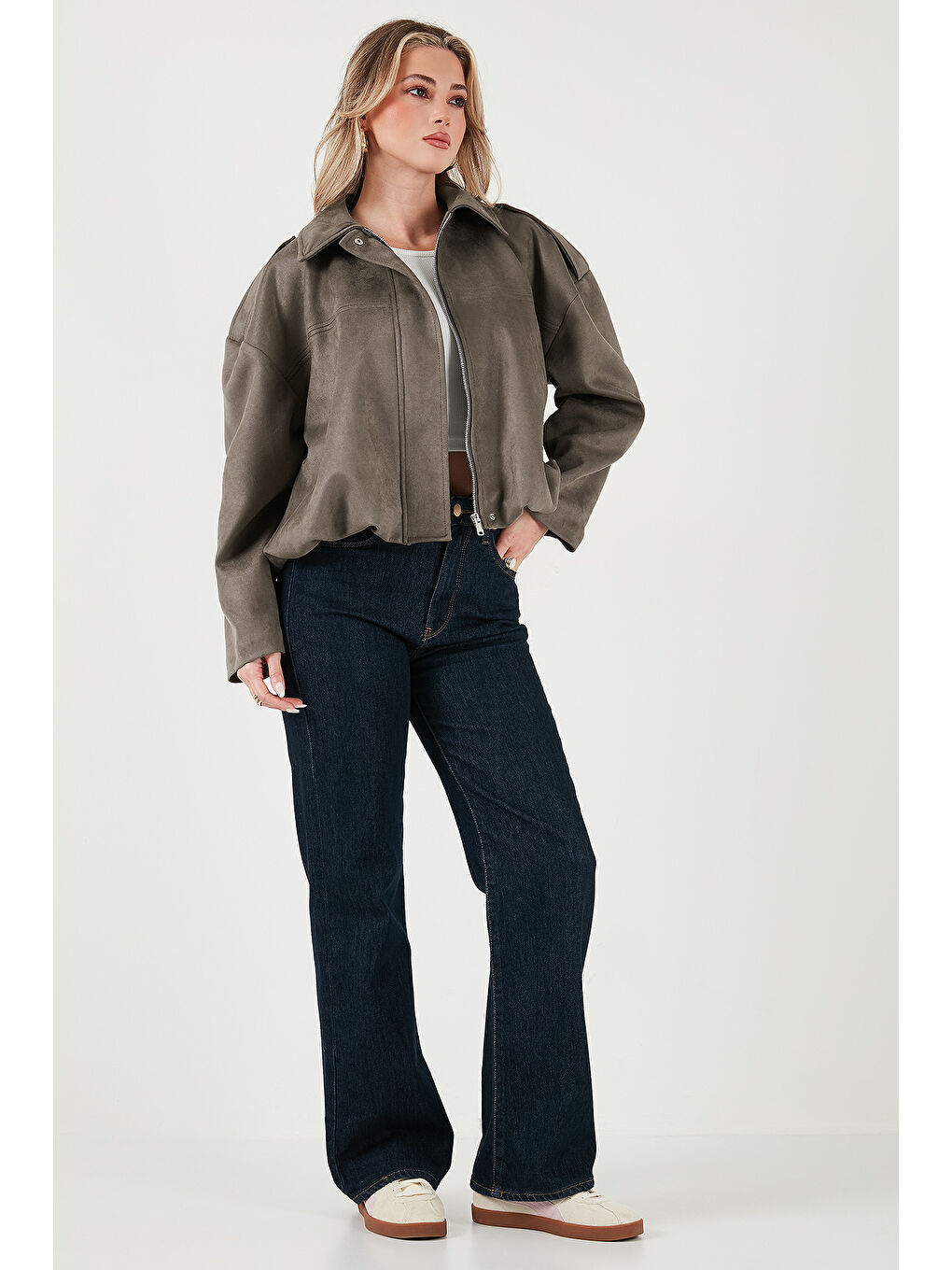 Haki Oversize Fit Klasik Yaka Süet Dokulu Bomber Ceket Mont 6524932-1