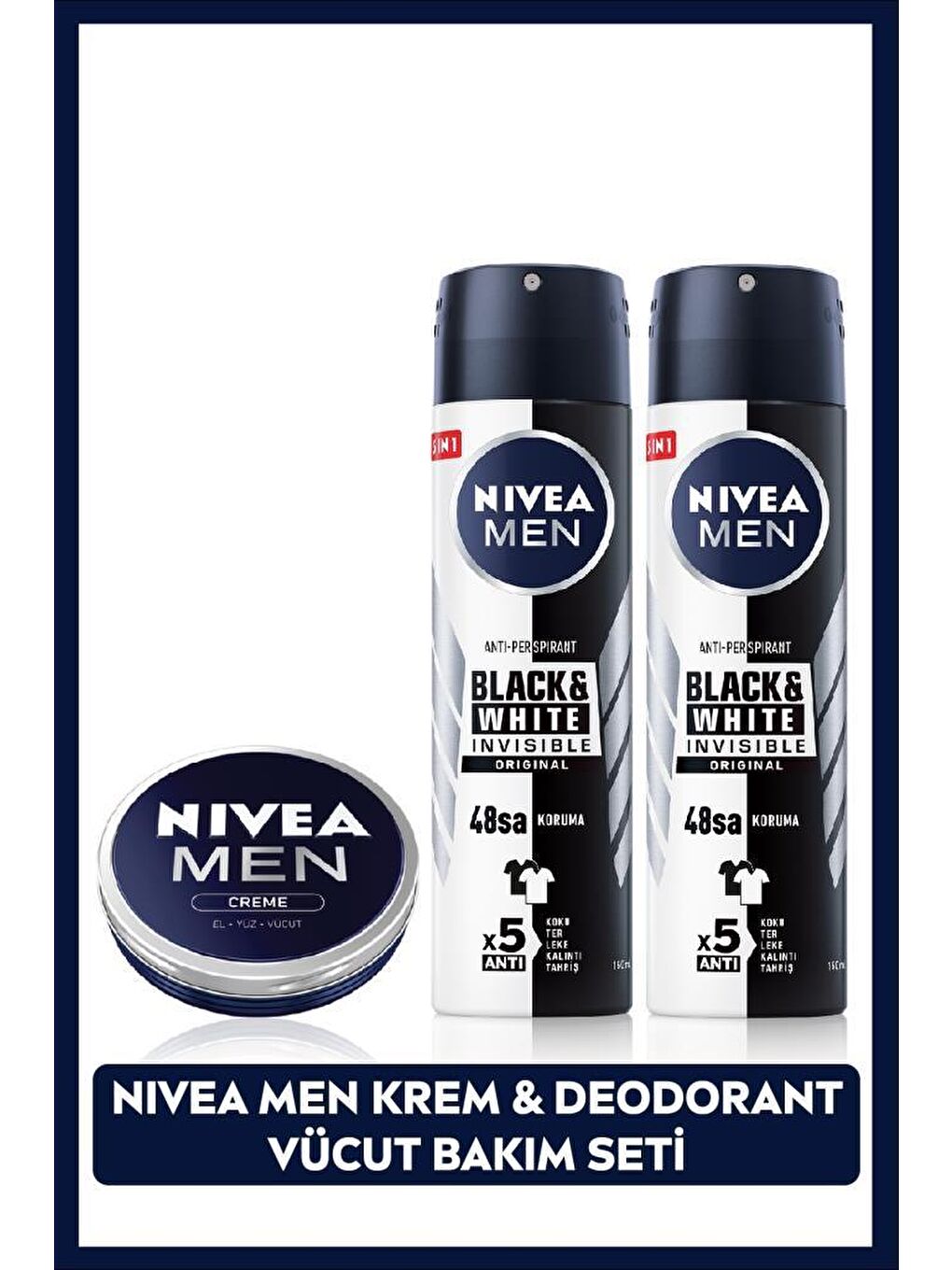 NIVEA Şeffaf MEN Erkek Sprey Deodorant Black&White Invisible Original 150ml X2 Adet ve MEN Erkek Bakım Kremi 30ml