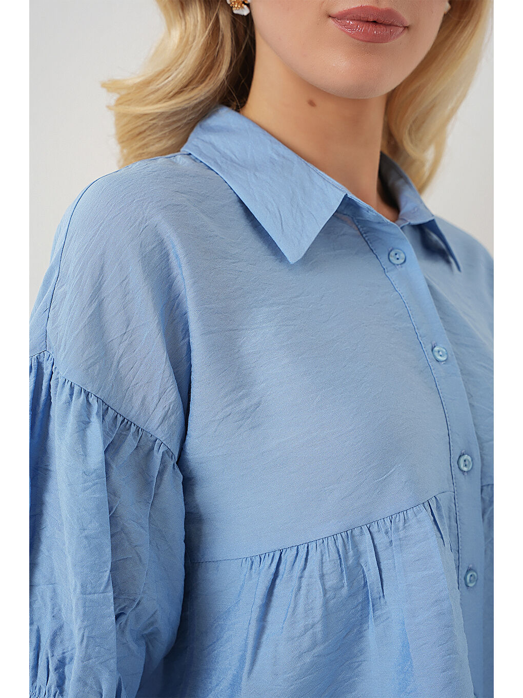 Kadın Kısa Kol Crop Gömlek 20335 - Mavi-4