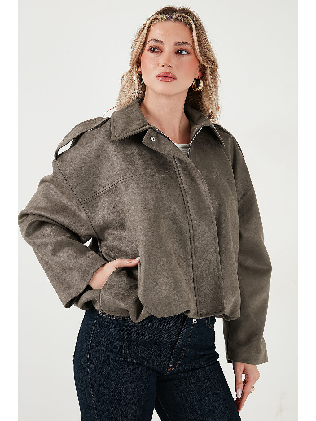 Haki Oversize Fit Klasik Yaka Süet Dokulu Bomber Ceket Mont 6524932-2