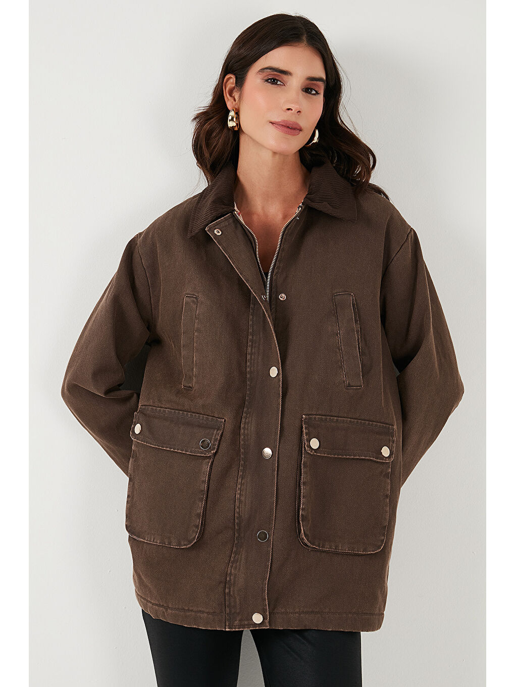 Kahverengi Regular Fit Ceket Yaka Kadife Ekose Astarlı Ceket Mont 6810330-3