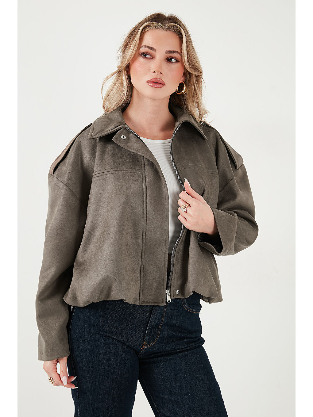 Haki Oversize Fit Klasik Yaka Süet Dokulu Bomber Ceket Mont 6524932-3