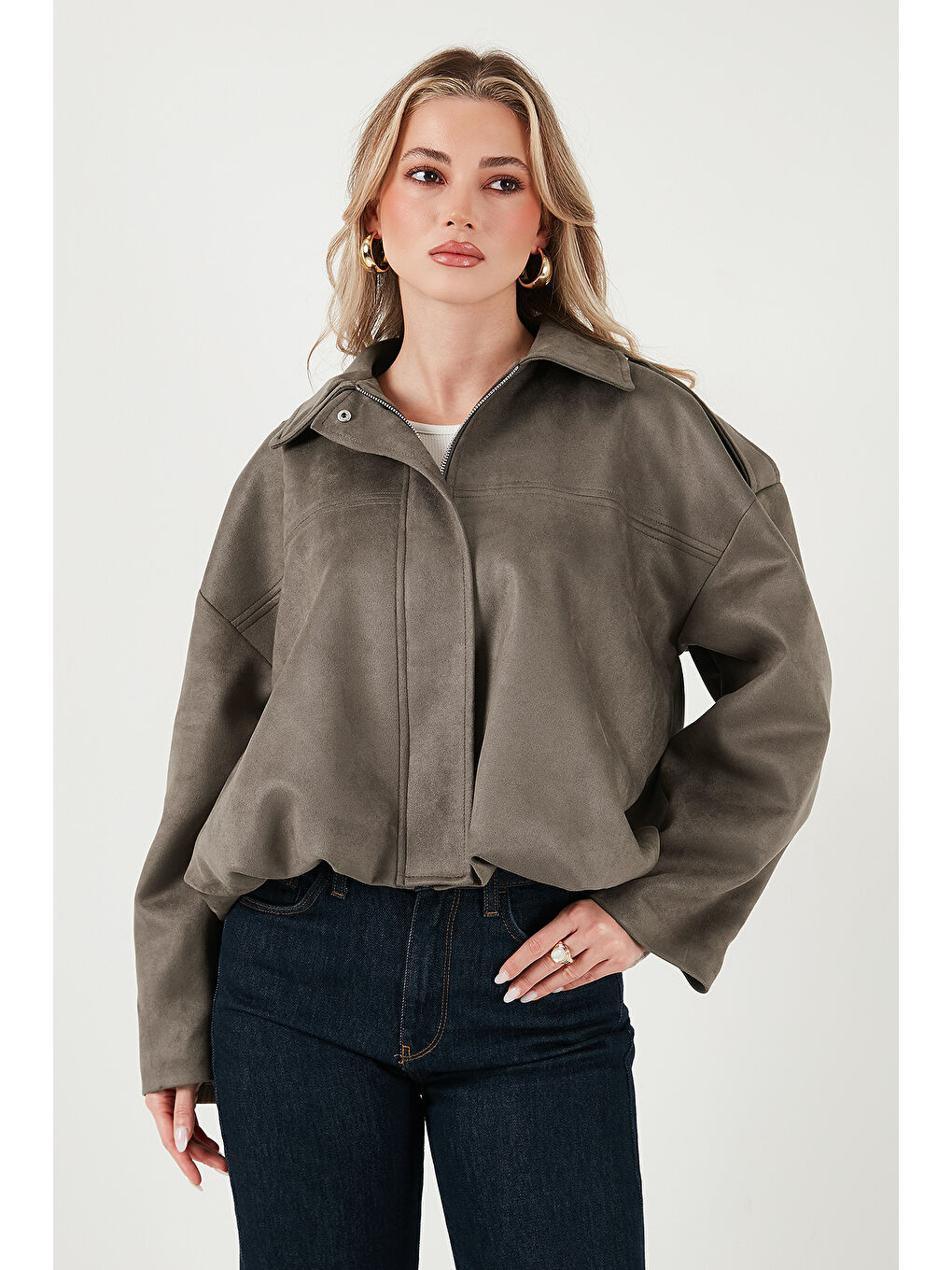 Haki Oversize Fit Klasik Yaka Süet Dokulu Bomber Ceket Mont 6524932-5