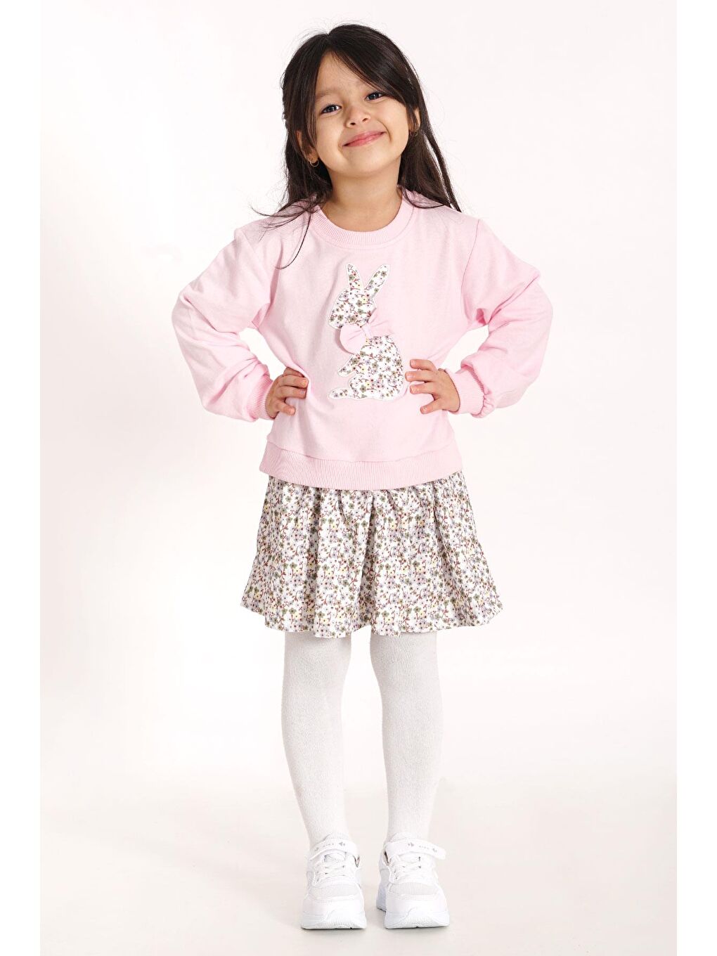 Bisiklet Yaka Uzun Kol Tavşan Baskılı Etekli Açık Pembe Renk Sweat Takım