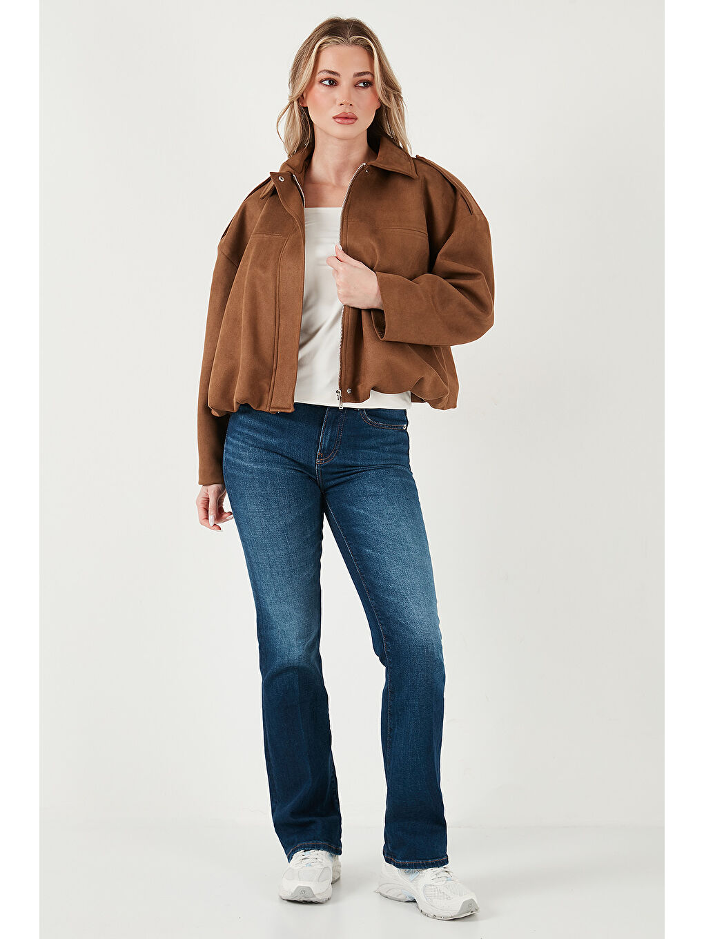 Kahverengi Oversize Fit Klasik Yaka Süet Dokulu Bomber Ceket Mont 6524932-1