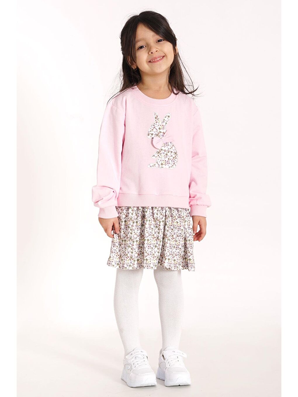 Bisiklet Yaka Uzun Kol Tavşan Baskılı Etekli Açık Pembe Renk Sweat Takım-1