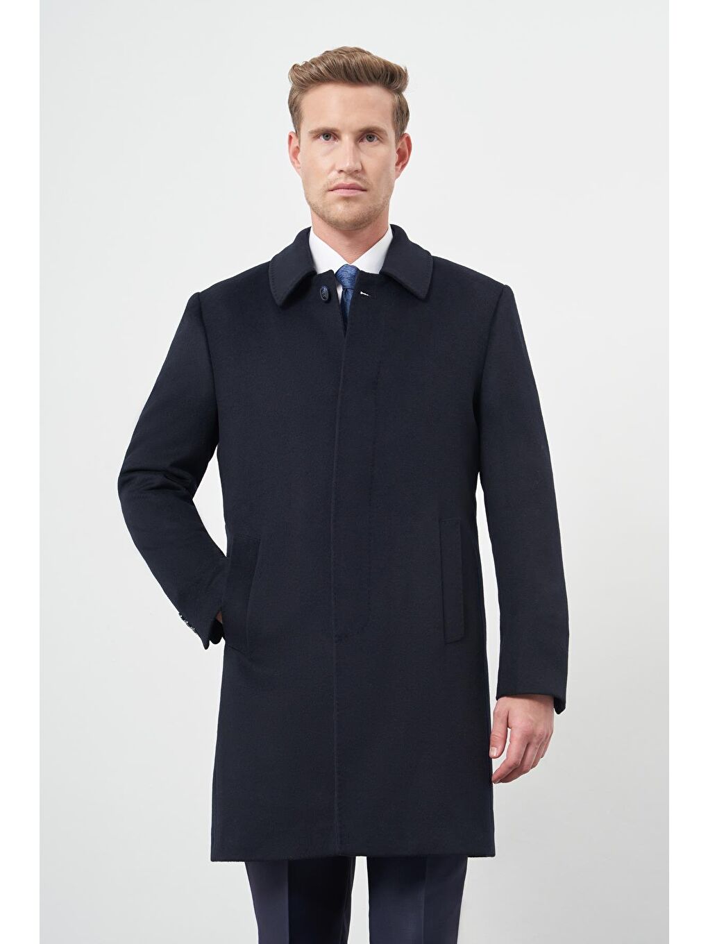 Koyu Lacivert 110 Cm Kaşe Düz Sırt Kapitoneli Astar Comfort Fit Classic Palto 1005245154-1