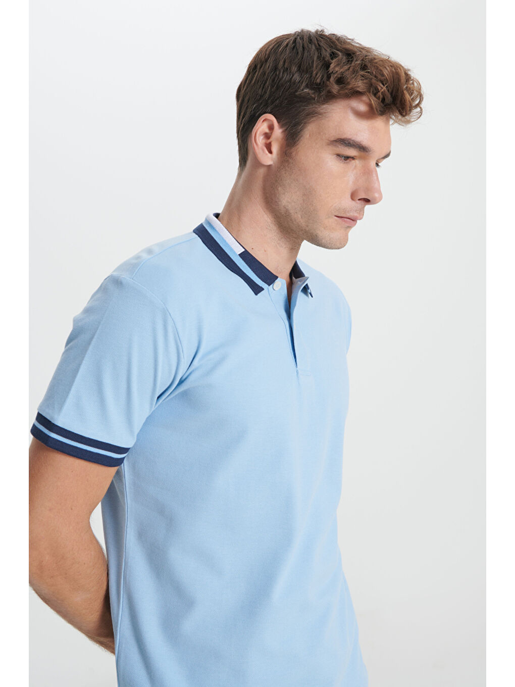 Erkek Açık Mavi Slim Fit Dar Kesim %100 Pamuk Polo Yaka Tişört-6