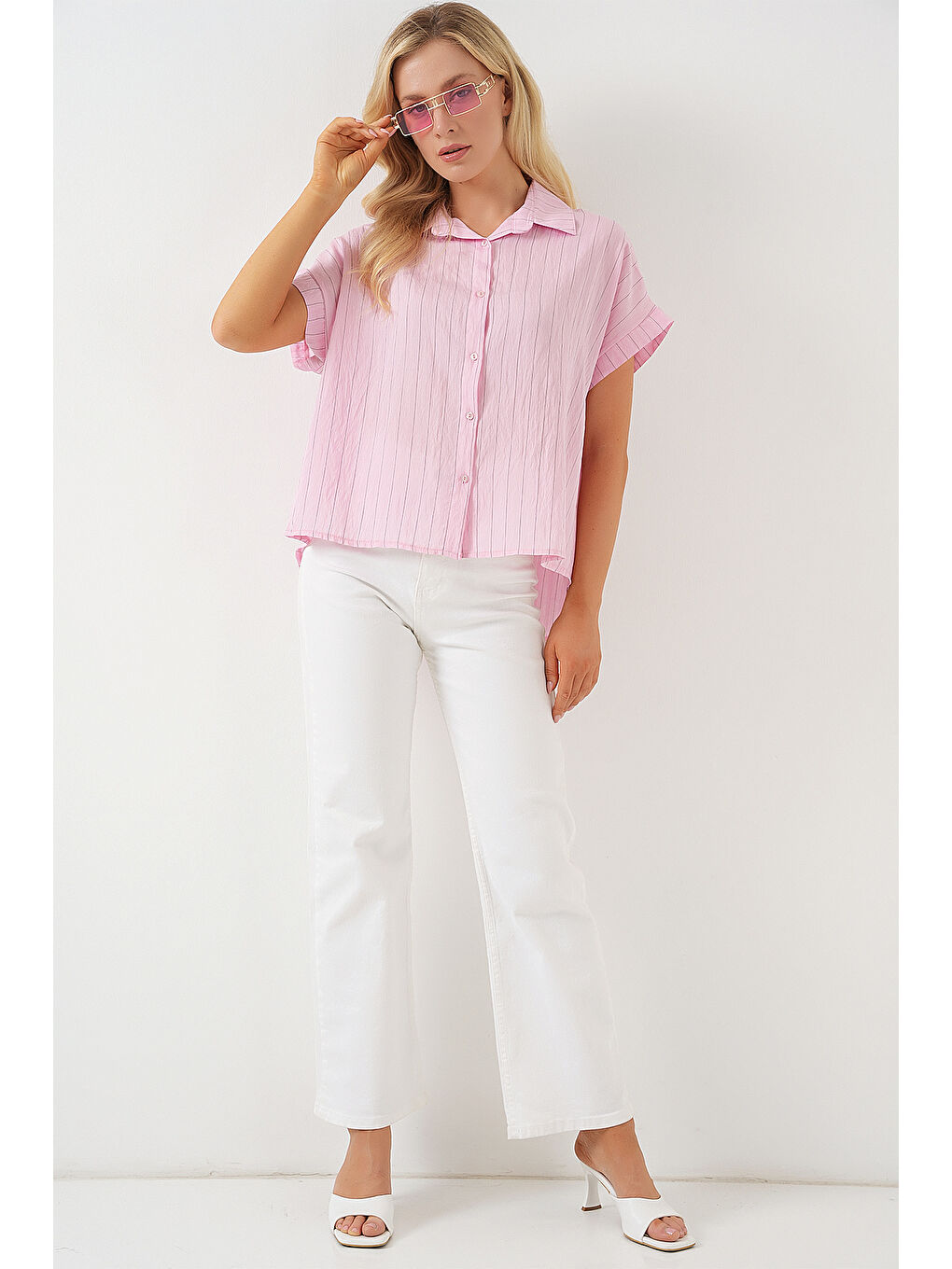 Kadın Çizgili Kısa Kol Gömlek 20327 - Pembe-1