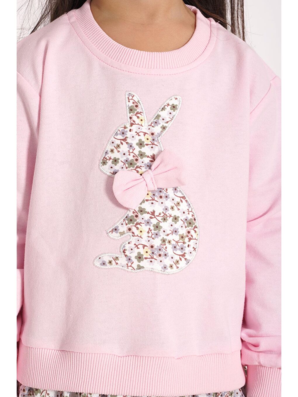 Bisiklet Yaka Uzun Kol Tavşan Baskılı Etekli Açık Pembe Renk Sweat Takım-4