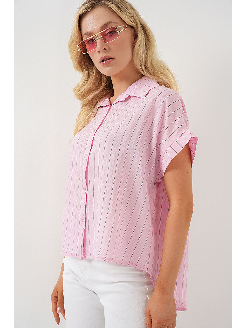 Kadın Çizgili Kısa Kol Gömlek 20327 - Pembe-2