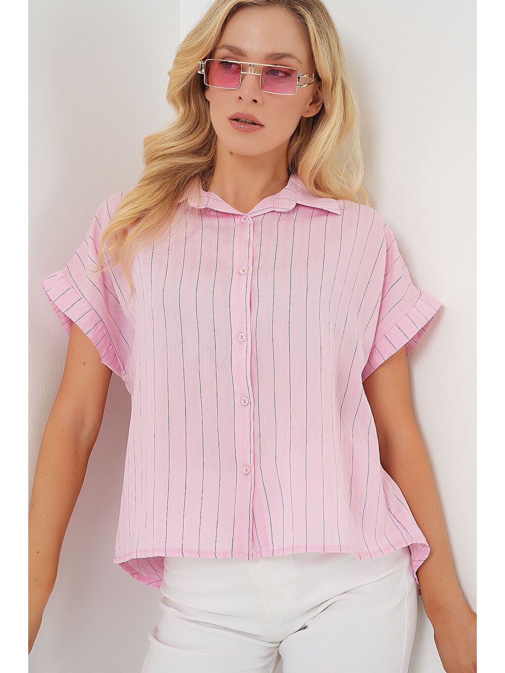 Kadın Çizgili Kısa Kol Gömlek 20327 - Pembe-3