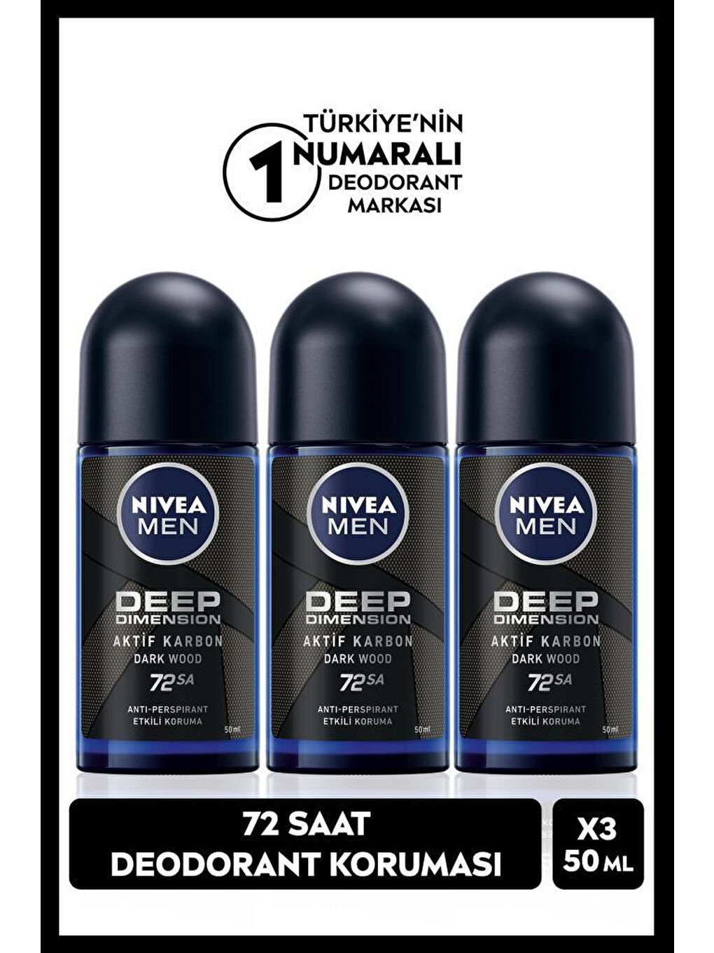 NIVEA MEN Erkek Roll-on Deodorant Deep Dimension 50ml, 48 Saat Koruma, X3 Adet