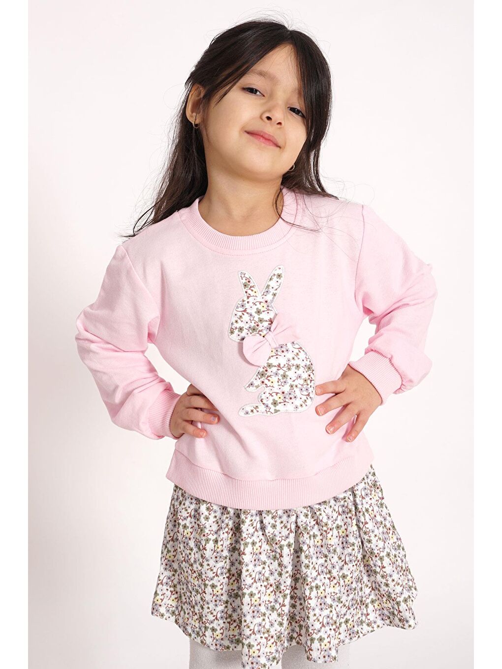 Bisiklet Yaka Uzun Kol Tavşan Baskılı Etekli Açık Pembe Renk Sweat Takım-6