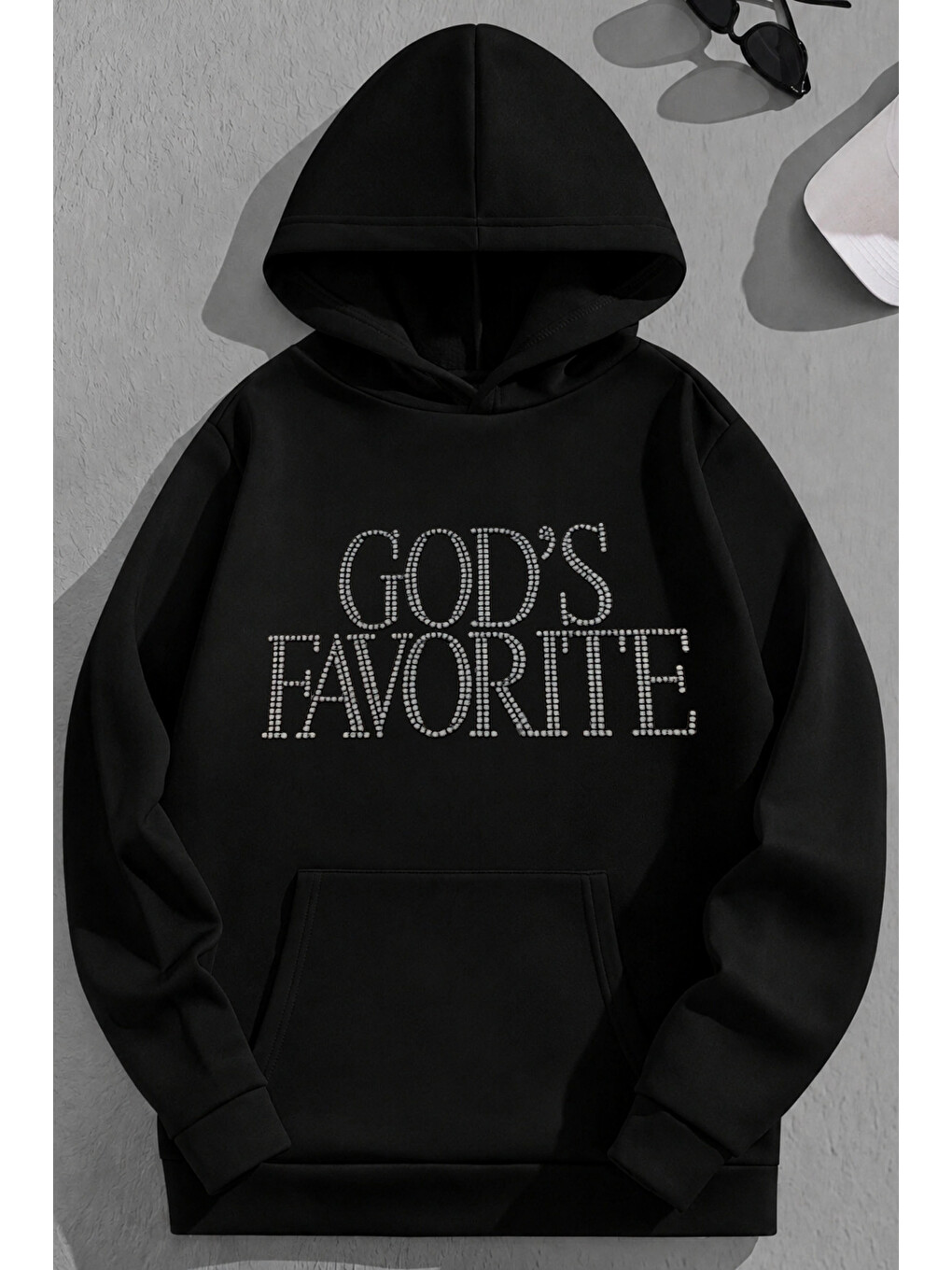 Unisex 3 İplik Pamuklu Siyah Godsfavorite Baskı Bol Kalıp Sweatshirt Hoodie