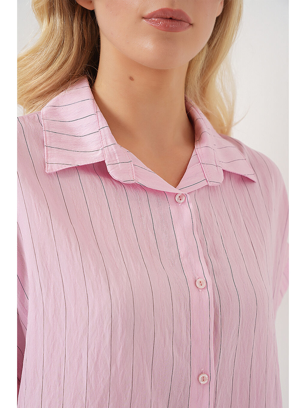 Kadın Çizgili Kısa Kol Gömlek 20327 - Pembe-4