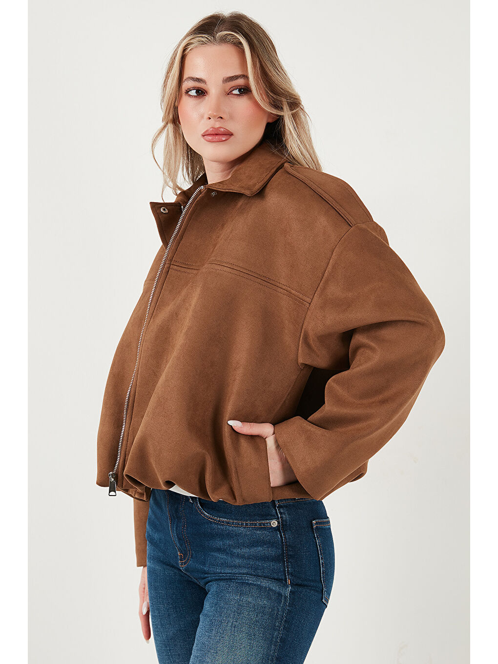 Kahverengi Oversize Fit Klasik Yaka Süet Dokulu Bomber Ceket Mont 6524932-2