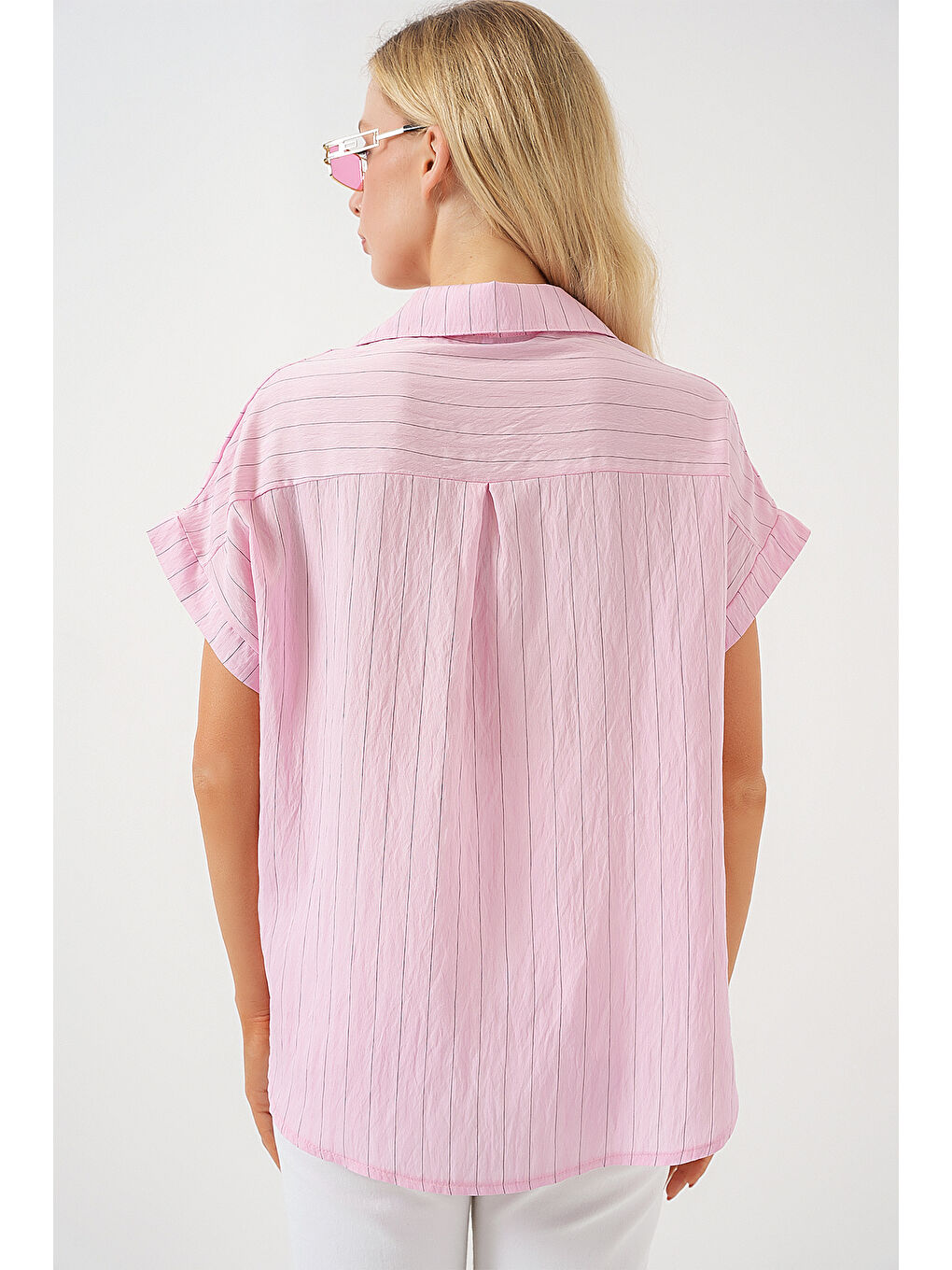Kadın Çizgili Kısa Kol Gömlek 20327 - Pembe-5