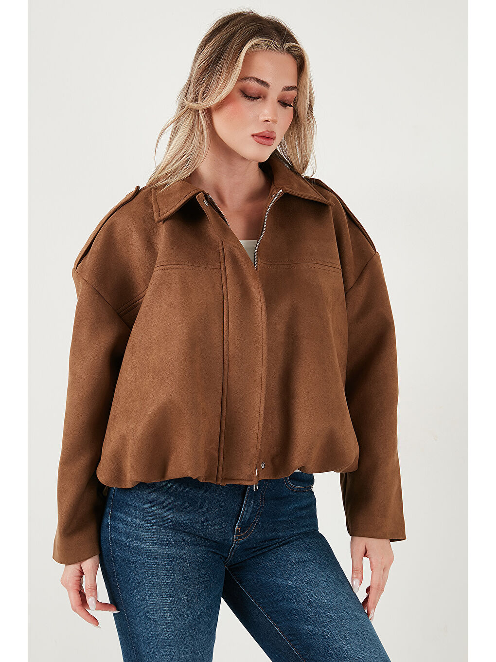 Kahverengi Oversize Fit Klasik Yaka Süet Dokulu Bomber Ceket Mont 6524932-3